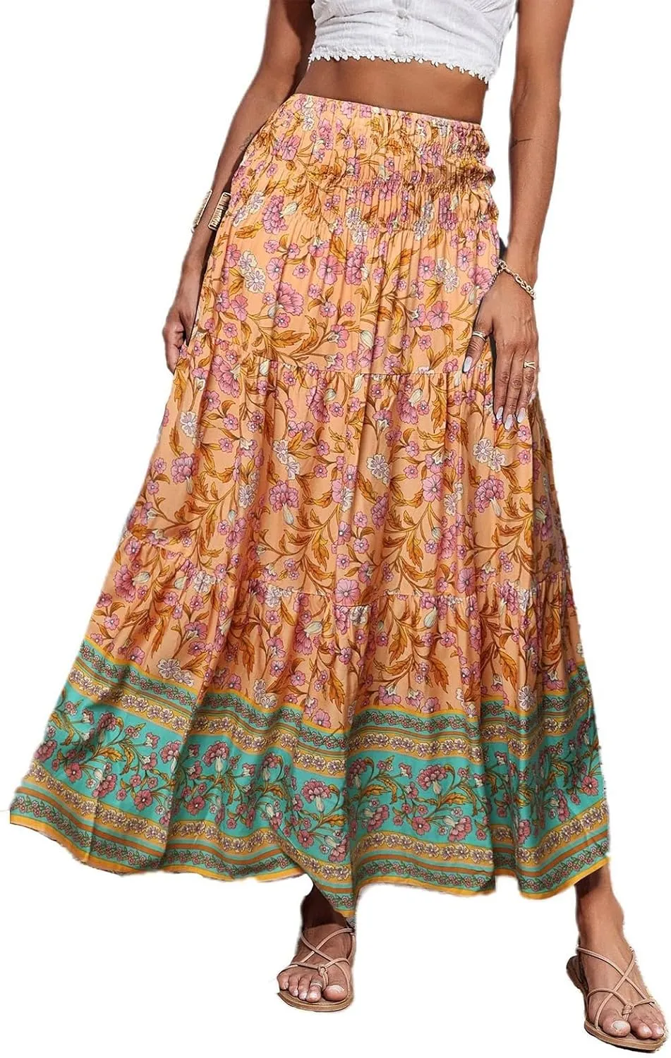 Boho Maxi Skirt for Women 2025 Casual Smocked High Waisted Long Flowy Skirts Plus Size A line Tiered Summer Skirt