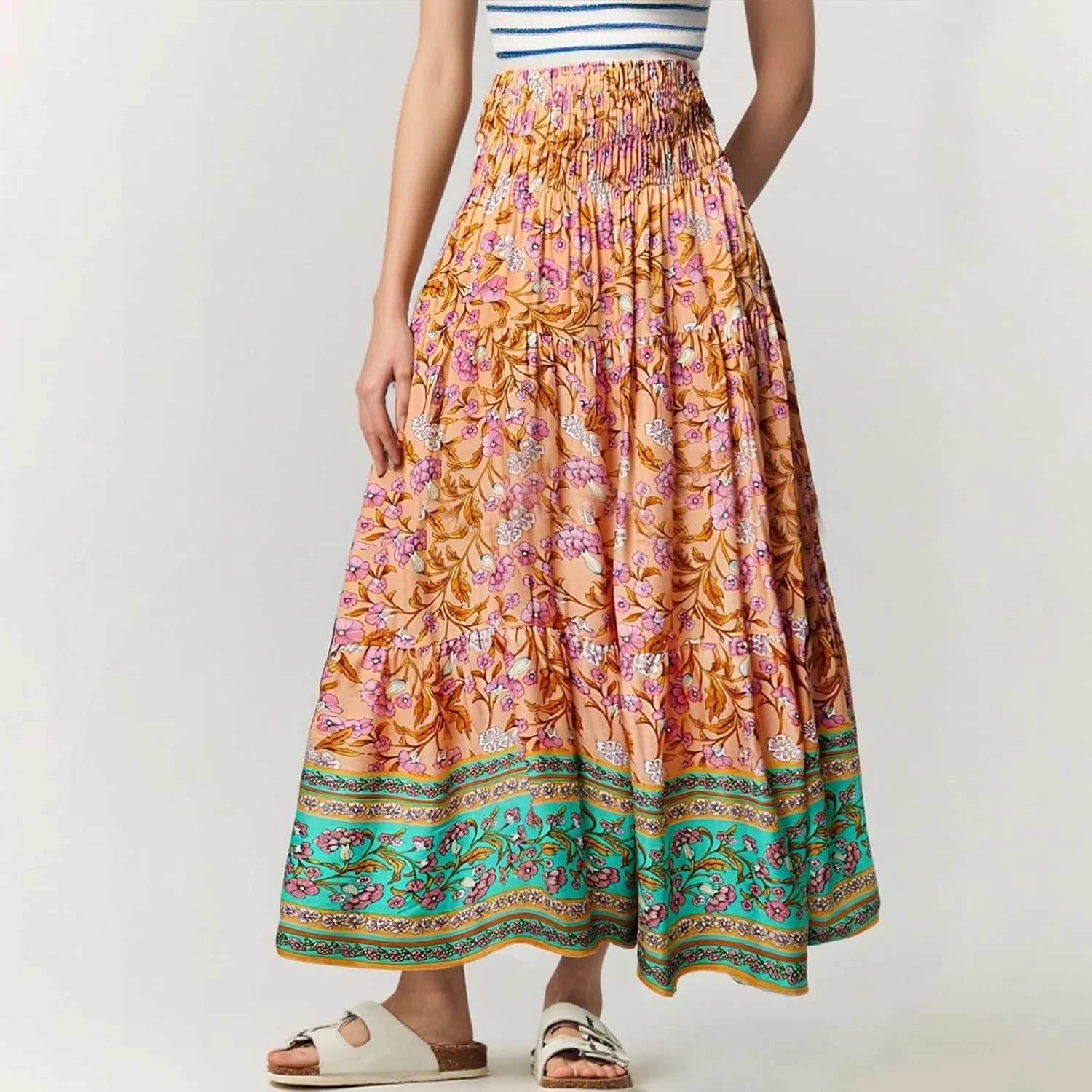 Boho Maxi Skirt for Women 2025 Casual Smocked High Waisted Long Flowy Skirts Plus Size A line Tiered Summer Skirt