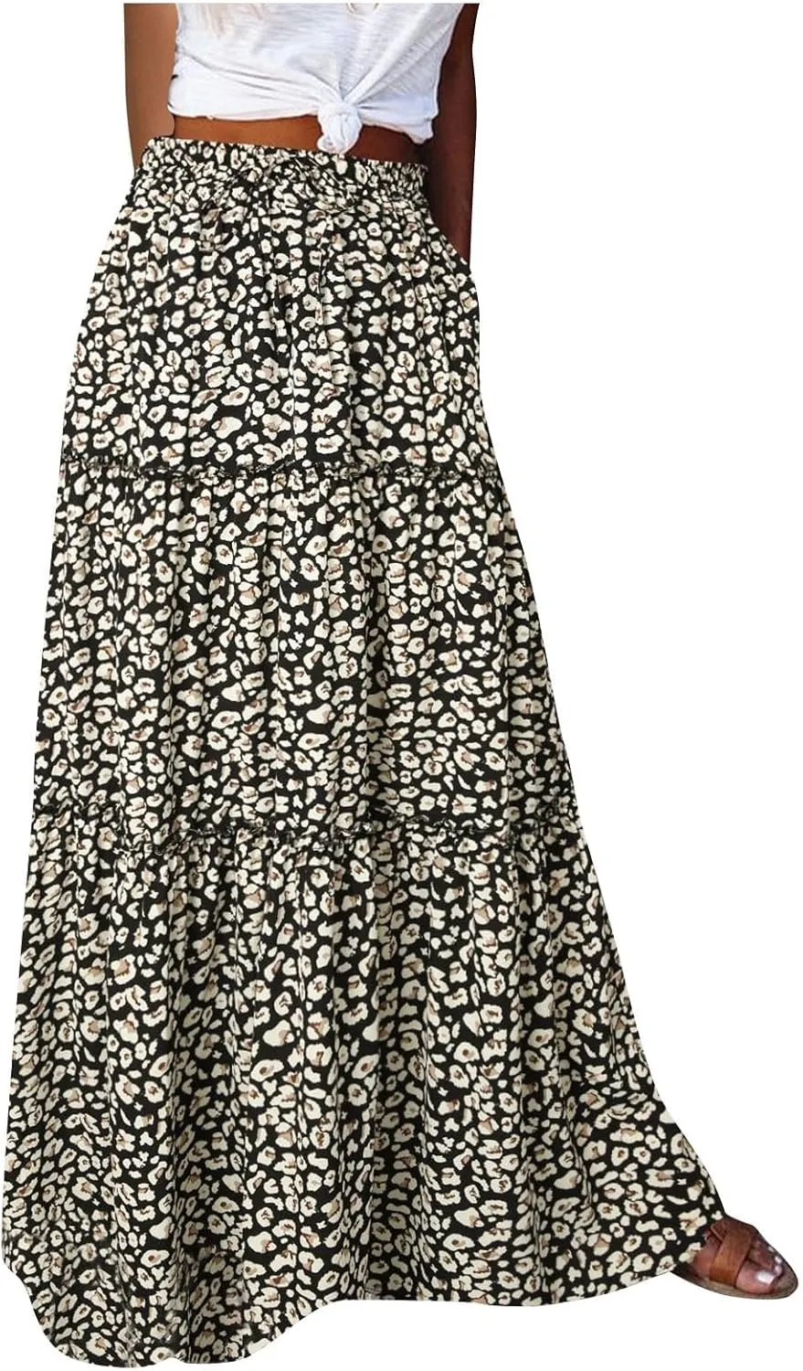 Boho Skirt for Women Elastic High Waist Pleated A-Line Flowy Swing Tiered Maxi Long Skirt Dress with Pockets