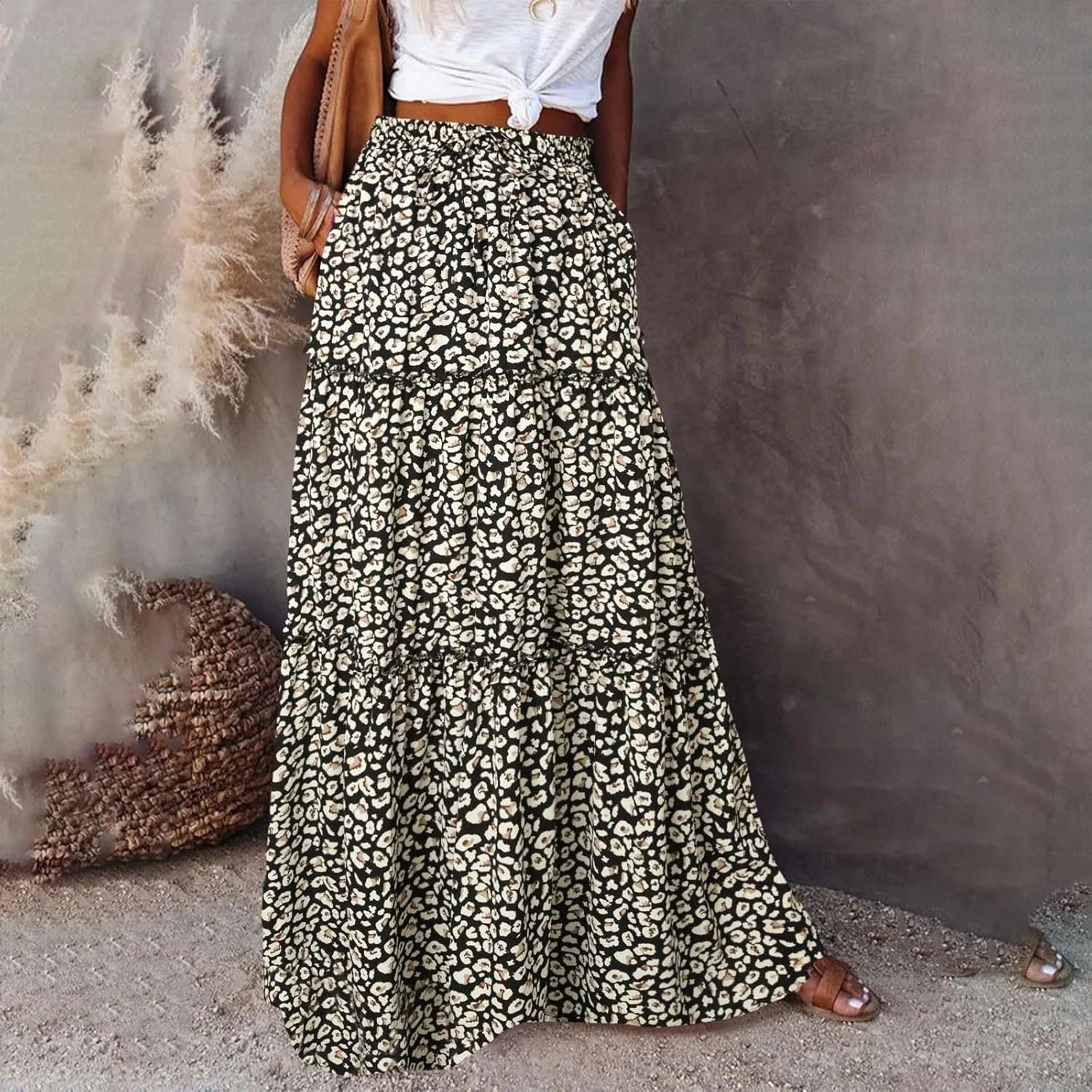 Boho Skirt for Women Elastic High Waist Pleated A-Line Flowy Swing Tiered Maxi Long Skirt Dress with Pockets