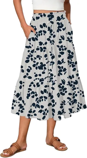Boho Skirts for Women Floral Pleated Summer Skirt Tummy Control Elegant Dress Vacation Holiday Spring Outfits