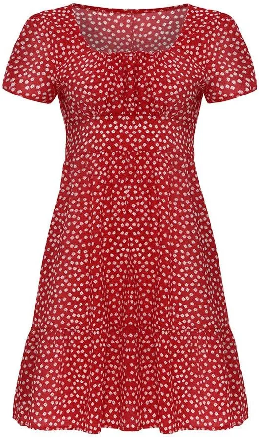 Boho Sundress Womens Floral Dresses 2024 Short Sleeve Corset Milkmaid Summer Ruffle Tiered Puff Casual Swing Mini