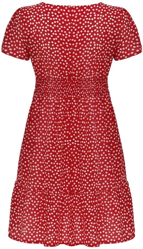 Boho Sundress Womens Floral Dresses 2024 Short Sleeve Corset Milkmaid Summer Ruffle Tiered Puff Casual Swing Mini