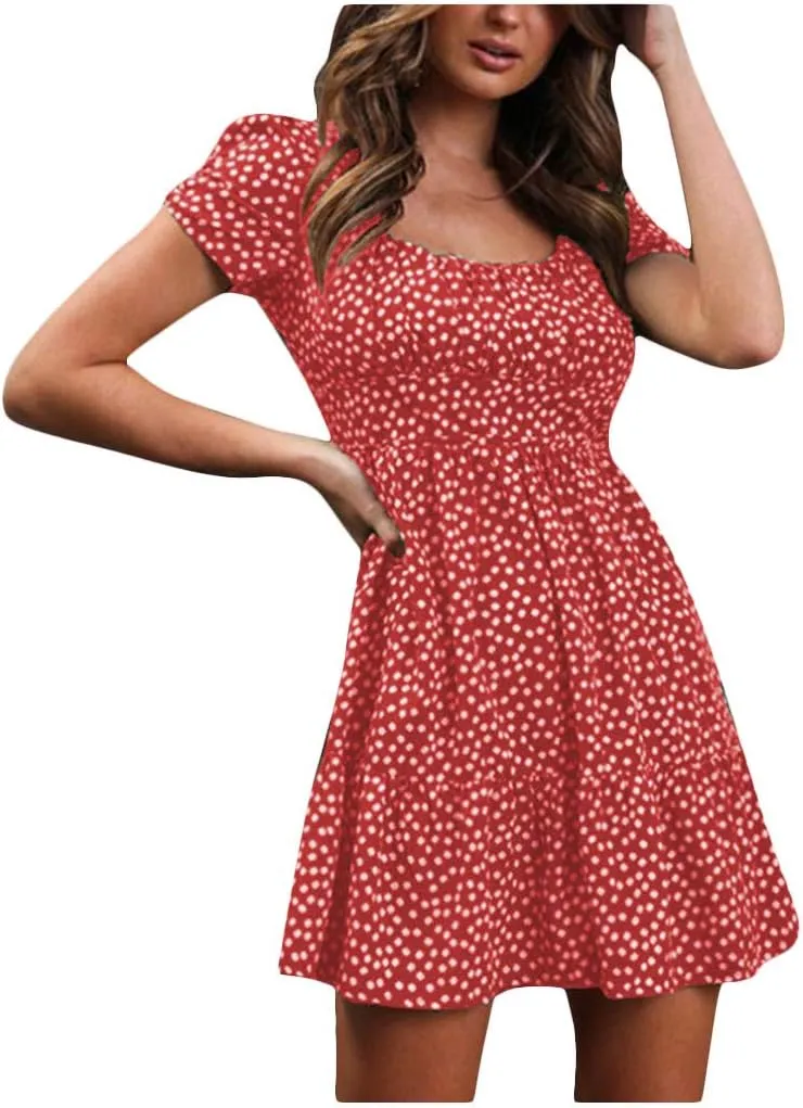 Boho Sundress Womens Floral Dresses 2024 Short Sleeve Corset Milkmaid Summer Ruffle Tiered Puff Casual Swing Mini