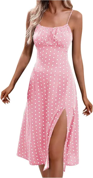 Borniu Spaghetti Strap Dresses for Women Polka Dot Midi Dress Sleeveless Slit Summer Sundress Beach Vacation Sexy Outfits
