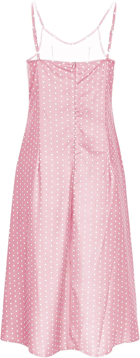 Borniu Spaghetti Strap Dresses for Women Polka Dot Midi Dress Sleeveless Slit Summer Sundress Beach Vacation Sexy Outfits
