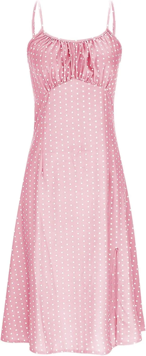 Borniu Spaghetti Strap Dresses for Women Polka Dot Midi Dress Sleeveless Slit Summer Sundress Beach Vacation Sexy Outfits