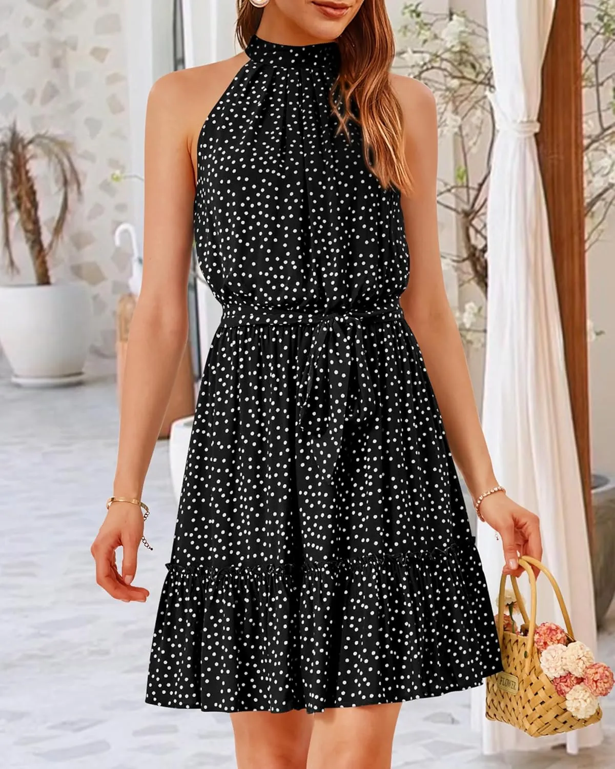 BTFBM Women Halter Neck Summer Dresses 2025 Spring Casual Sleeveless Floral Polka Dot Ruffle Mini Boho Beach Sun Dress