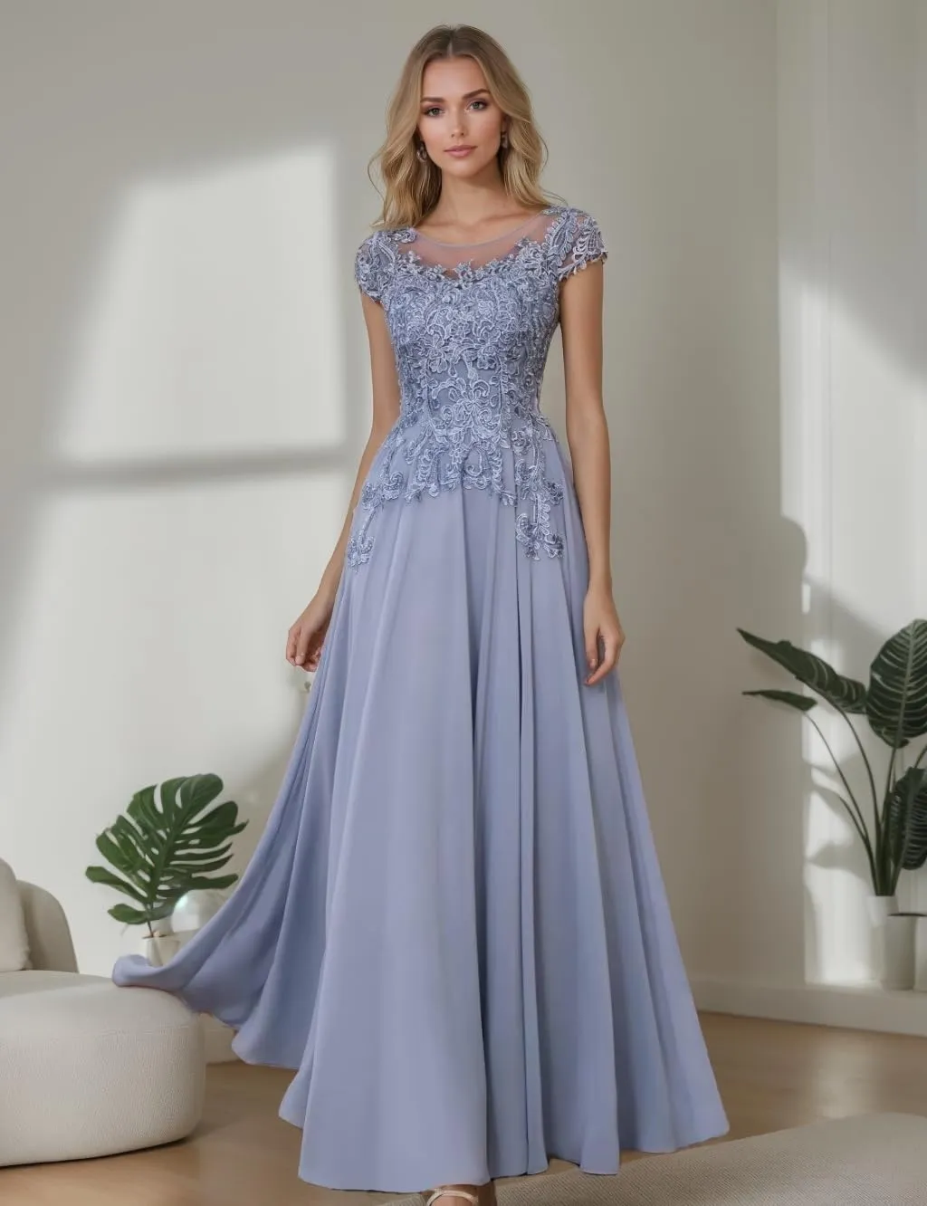 Cap Sleeve Mother of The Bride Dresses for Women Lace Appliques Mother of The Groom Dresses Round Neck Formal Dress