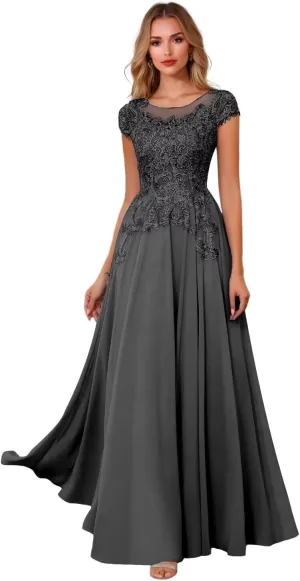 Cap Sleeve Mother of The Bride Dresses for Women Lace Appliques Mother of The Groom Dresses Round Neck Formal Dress