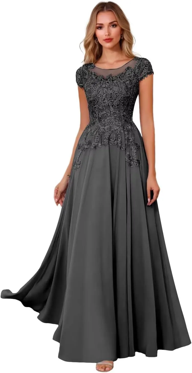 Cap Sleeve Mother of The Bride Dresses for Women Lace Appliques Mother of The Groom Dresses Round Neck Formal Dress