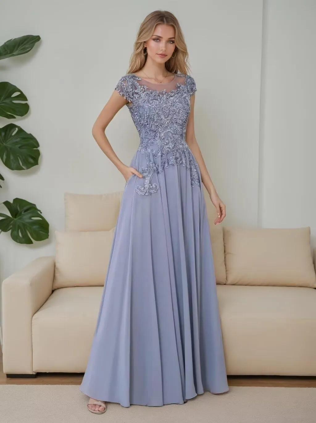 Cap Sleeve Mother of The Bride Dresses for Women Lace Appliques Mother of The Groom Dresses Round Neck Formal Dress