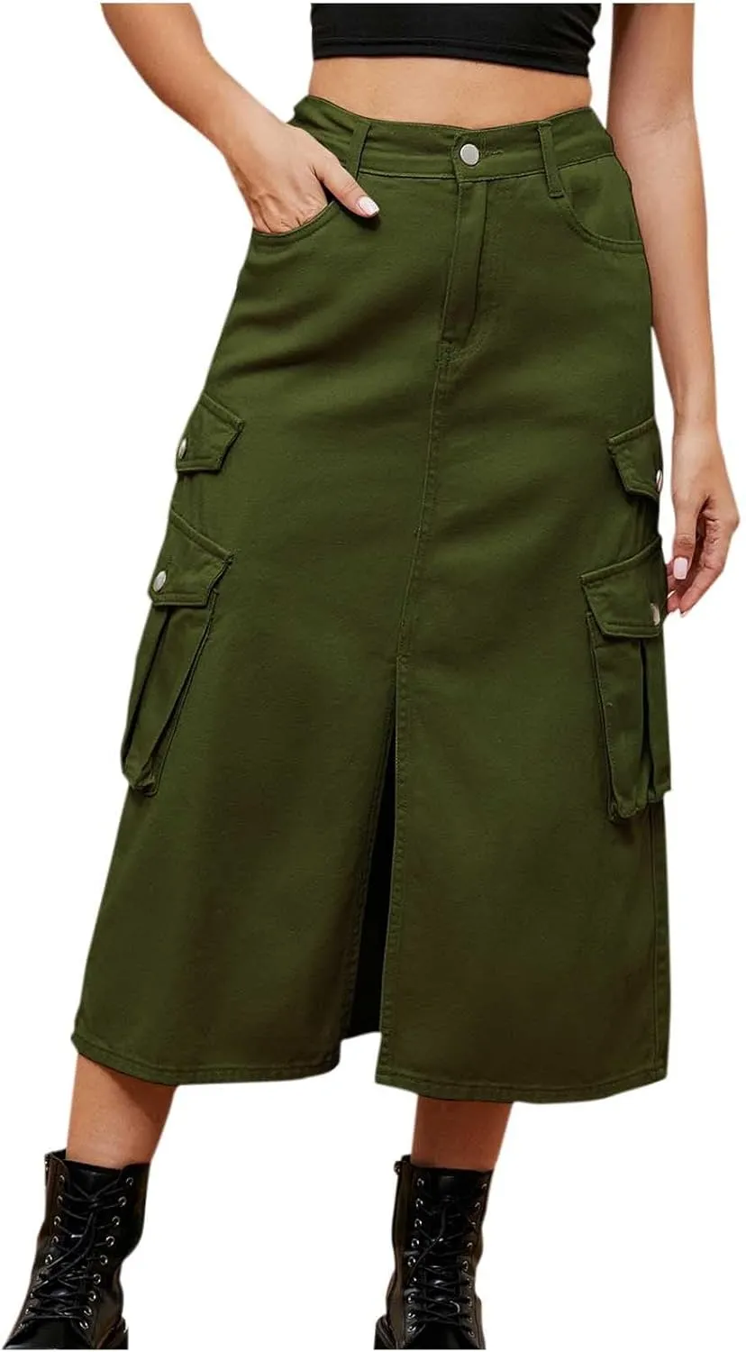 Cargo Skirts for Women Button High Waist Slit Midi Skirt with Pocket Casual Solid Color Jean Skirt