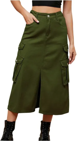 Cargo Skirts for Women Button High Waist Slit Midi Skirt with Pocket Casual Solid Color Jean Skirt