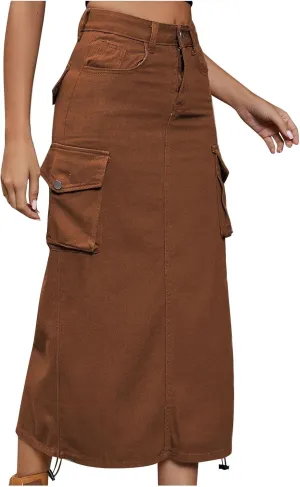 Cargo Skirts for Women Fashion Summer Denim Work Dress Pocket Skirt Loose Fit Button Solid Ankle Length Skirts