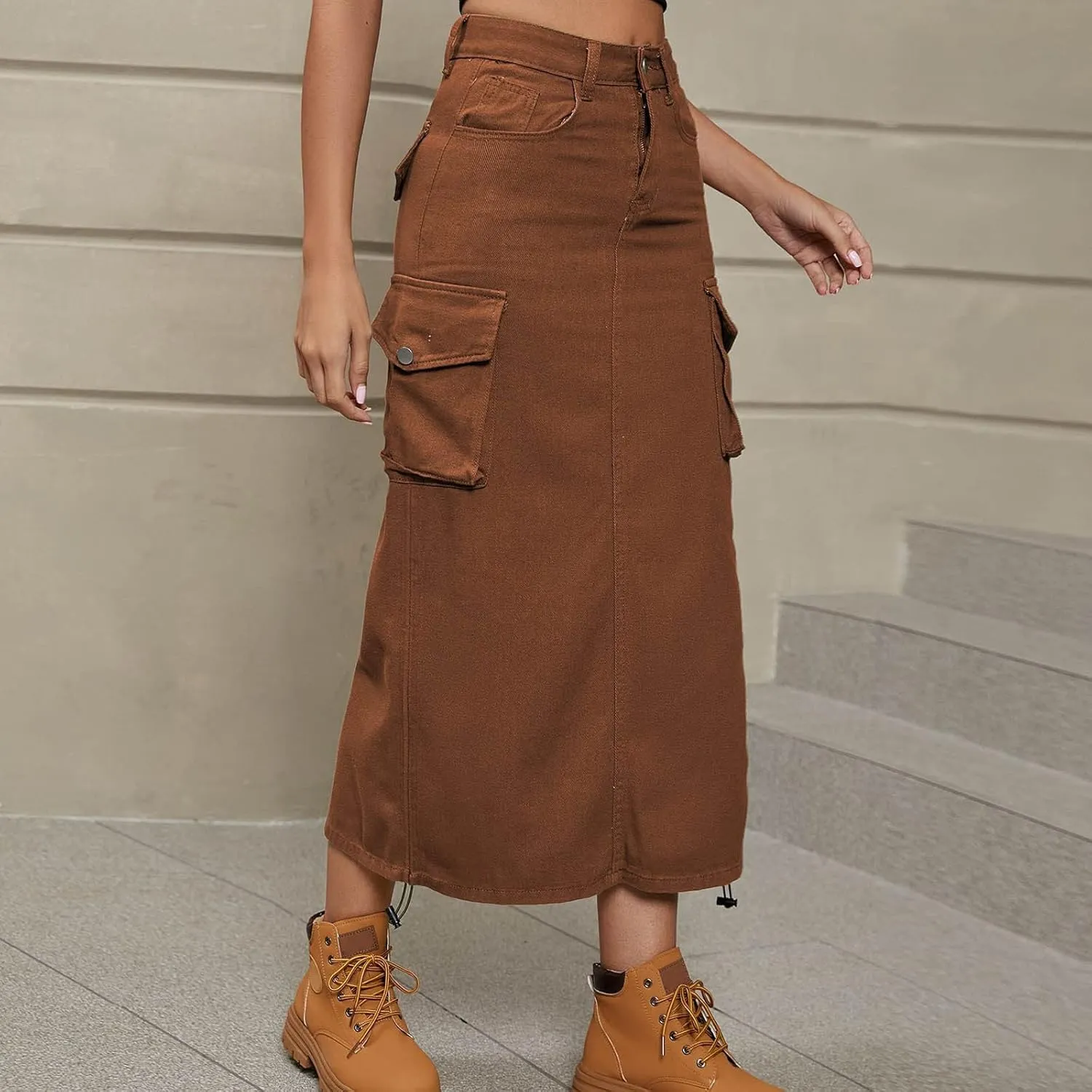 Cargo Skirts for Women Fashion Summer Denim Work Dress Pocket Skirt Loose Fit Button Solid Ankle Length Skirts