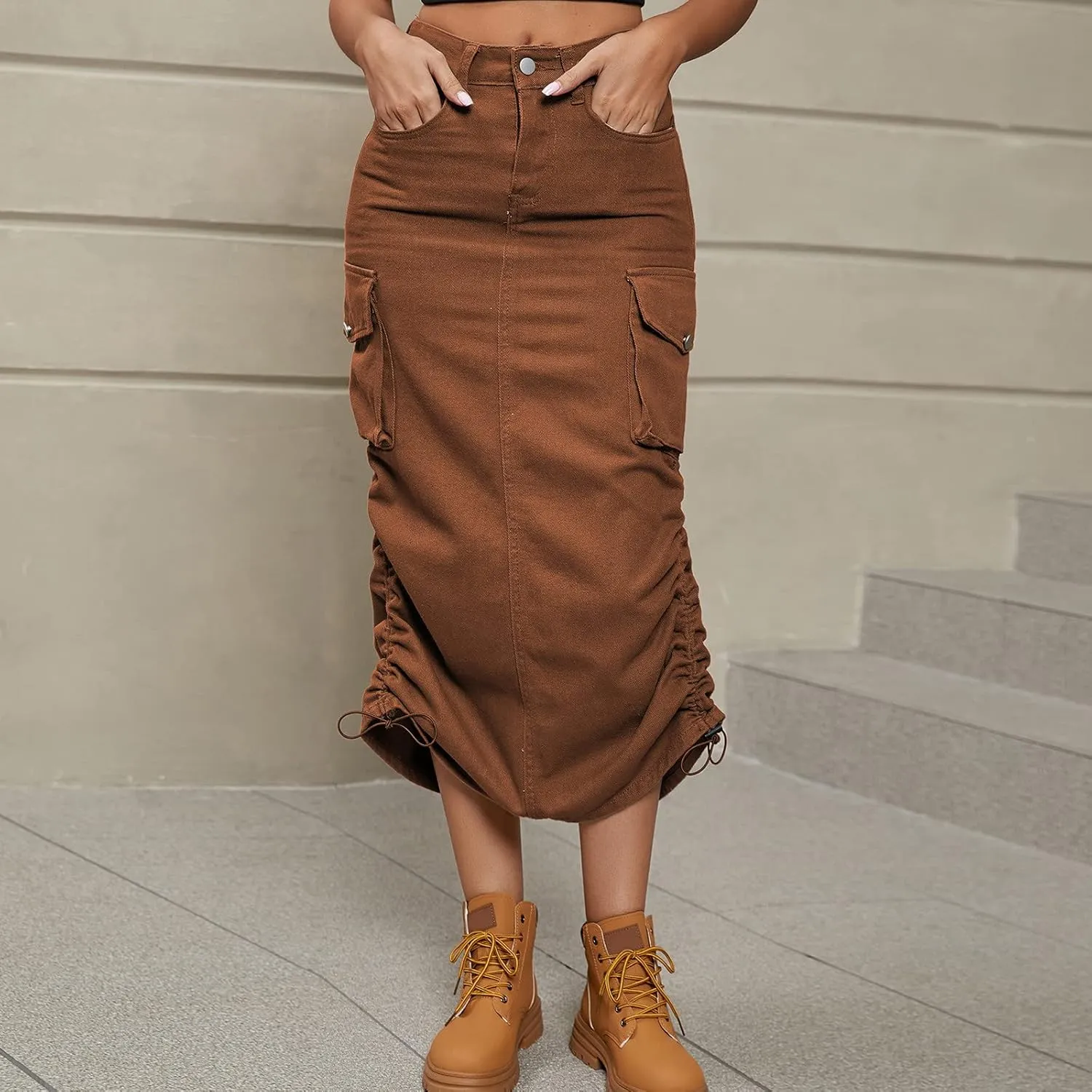 Cargo Skirts for Women Fashion Summer Denim Work Dress Pocket Skirt Loose Fit Button Solid Ankle Length Skirts