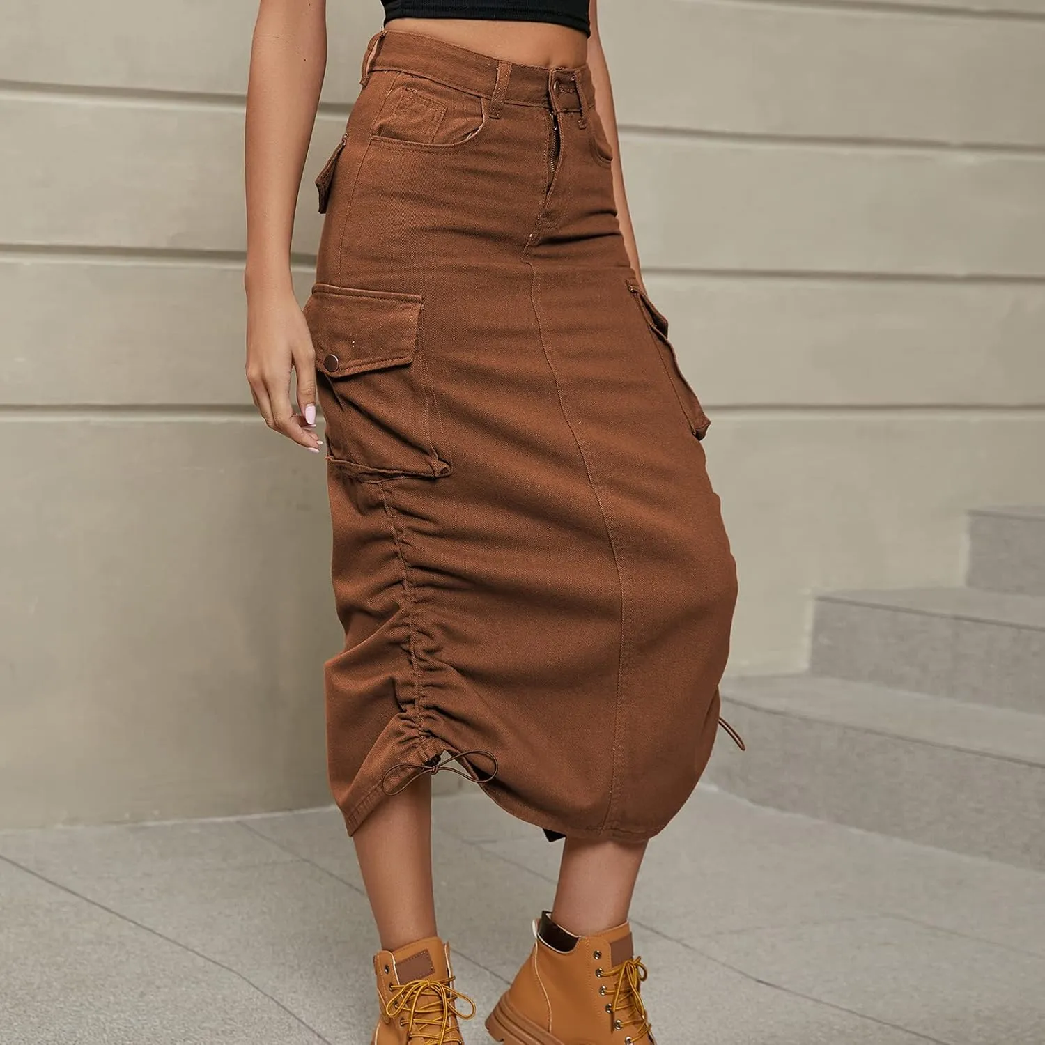 Cargo Skirts for Women Fashion Summer Denim Work Dress Pocket Skirt Loose Fit Button Solid Ankle Length Skirts