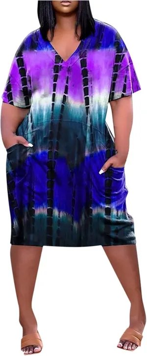 Casual Dresses for Women Plus Size Tie-dye V Neck T-Shirt Dress with Pockets Short Sleeve Midi Dress Summer Dresses