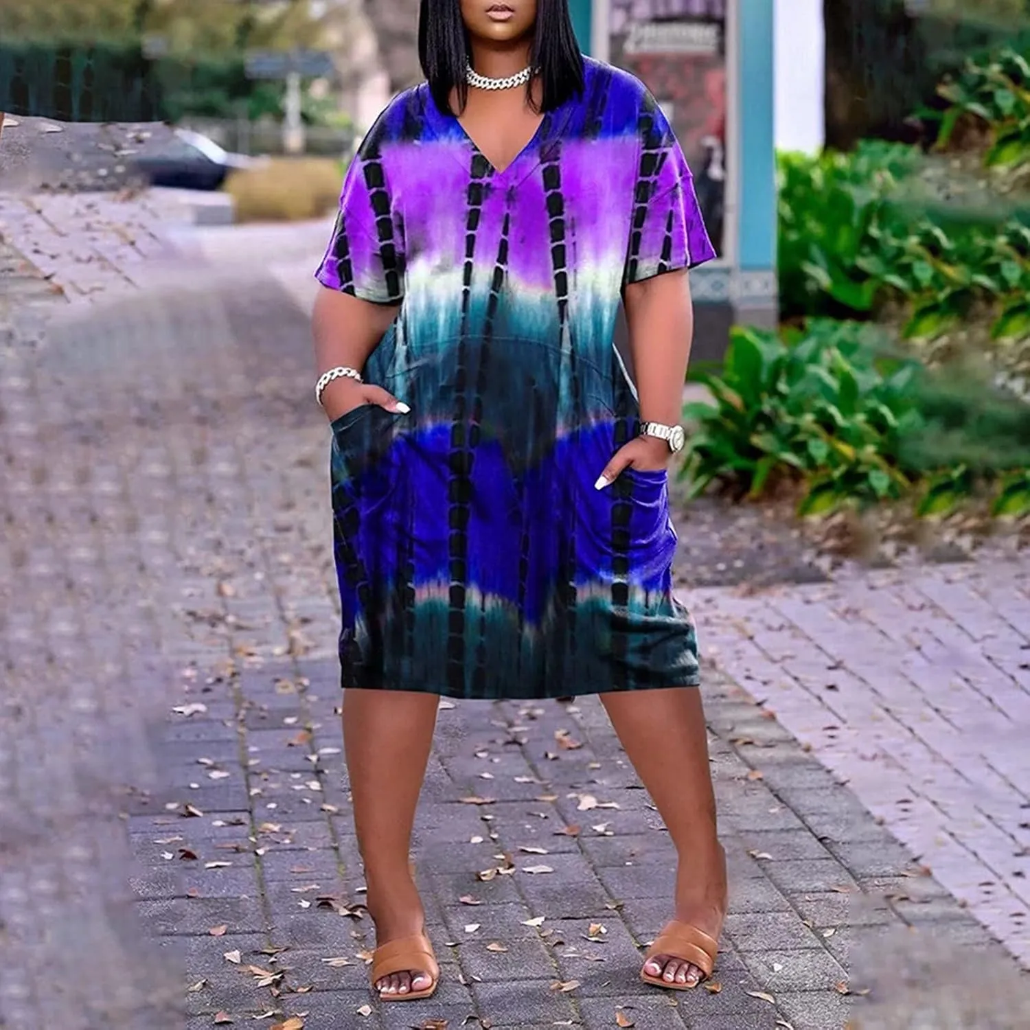 Casual Dresses for Women Plus Size Tie-dye V Neck T-Shirt Dress with Pockets Short Sleeve Midi Dress Summer Dresses