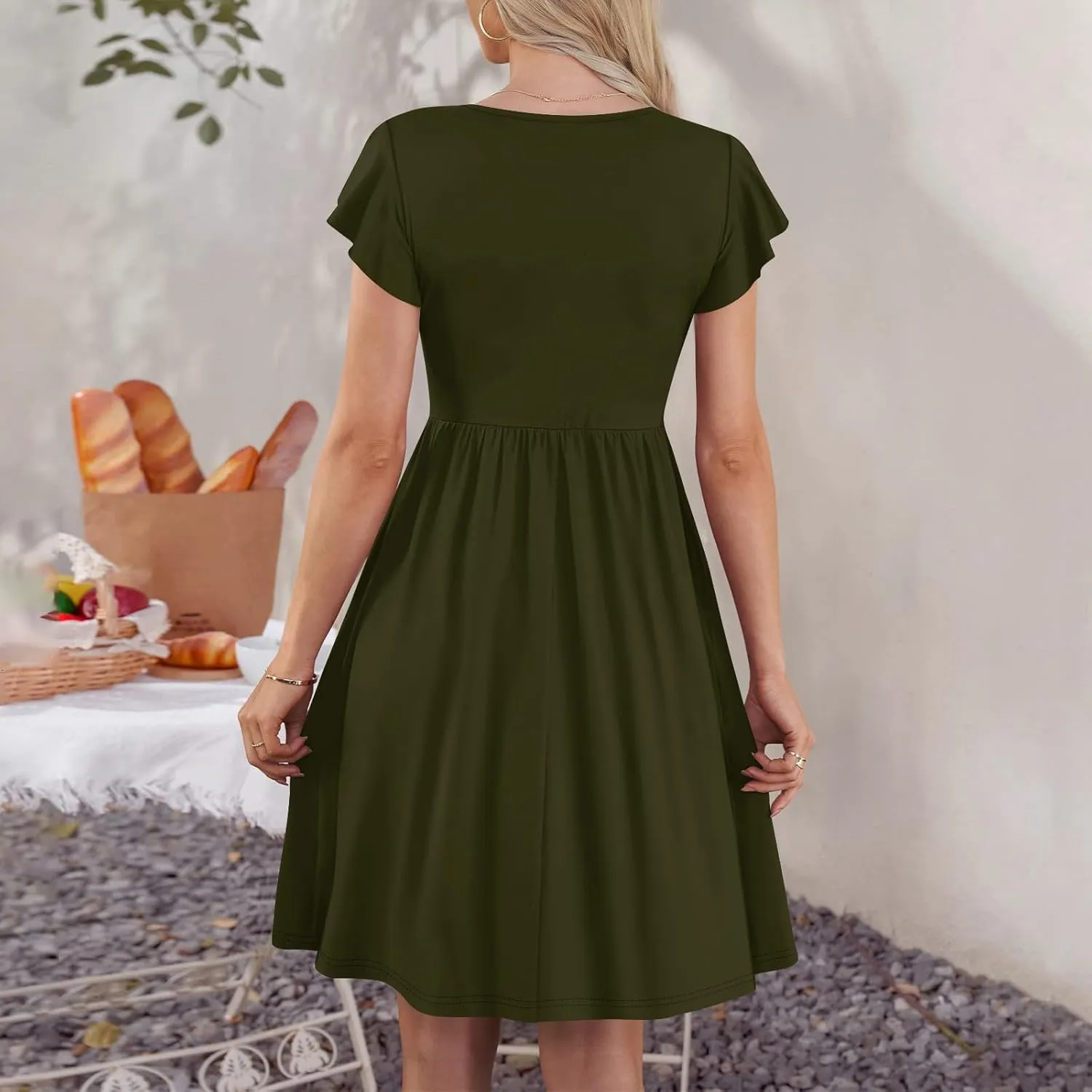 Casual Dresses for Women Ruffle Sleeve Button Down Short Tshirt Dress Flowy Summer Beach Vacation Sun Dresses with Pockets