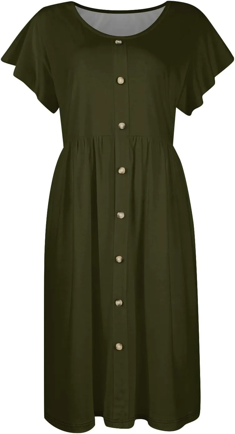Casual Dresses for Women Ruffle Sleeve Button Down Short Tshirt Dress Flowy Summer Beach Vacation Sun Dresses with Pockets