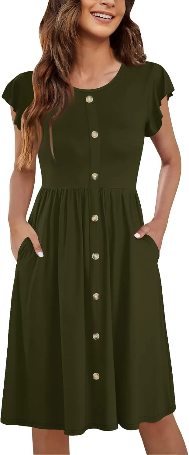 Casual Dresses for Women Ruffle Sleeve Button Down Short Tshirt Dress Flowy Summer Beach Vacation Sun Dresses with Pockets