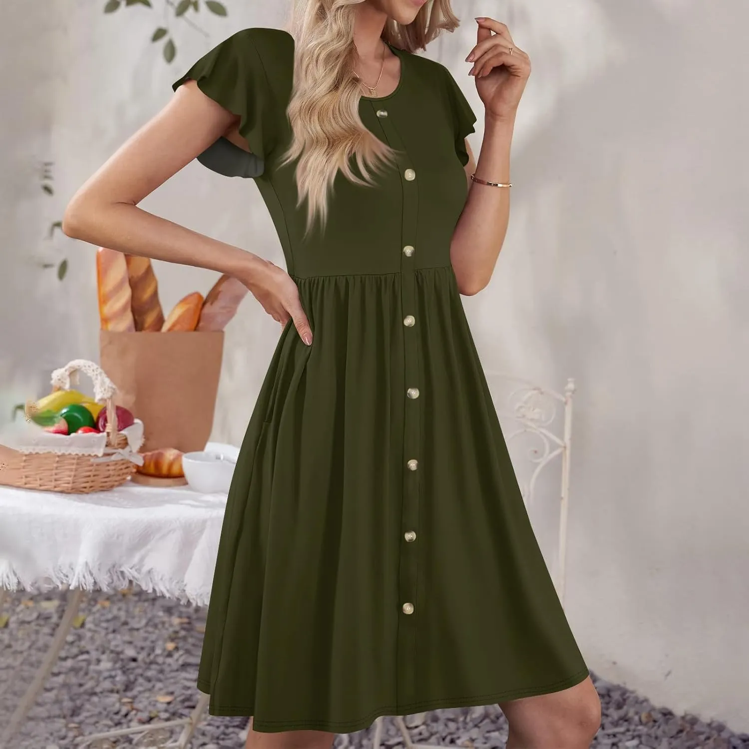 Casual Dresses for Women Ruffle Sleeve Button Down Short Tshirt Dress Flowy Summer Beach Vacation Sun Dresses with Pockets