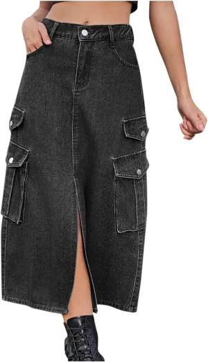 Casual Elastic Waist Midi Skirt for Women Solid Color Front Slit Skirt with Pockets Trendy Going Out Vacation Skirt