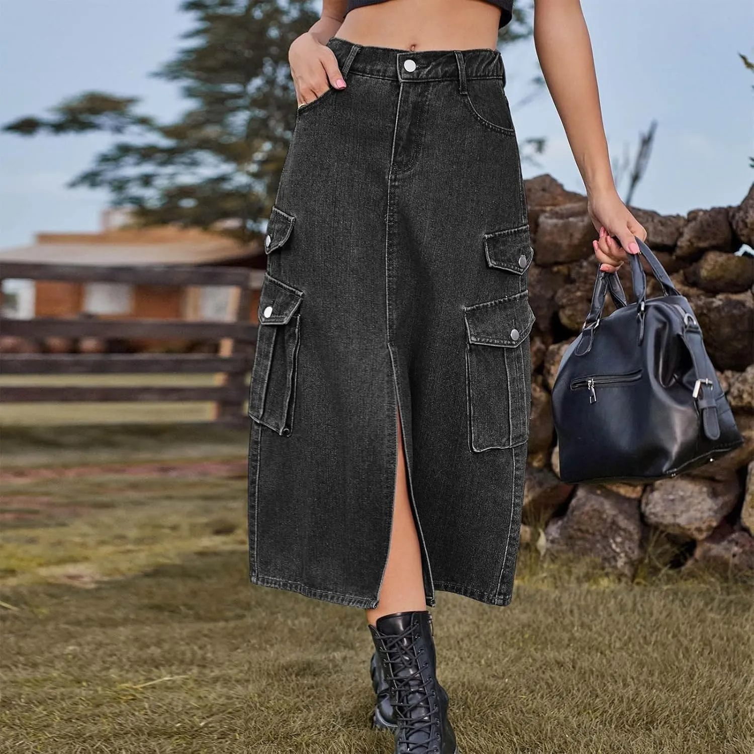 Casual Elastic Waist Midi Skirt for Women Solid Color Front Slit Skirt with Pockets Trendy Going Out Vacation Skirt