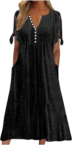 Casual Maxi Dresses for Women 2025 Summer Short Sleeve V Neck Hollow Out Eyelet Flowy Beach Vacation Boho Sundresses