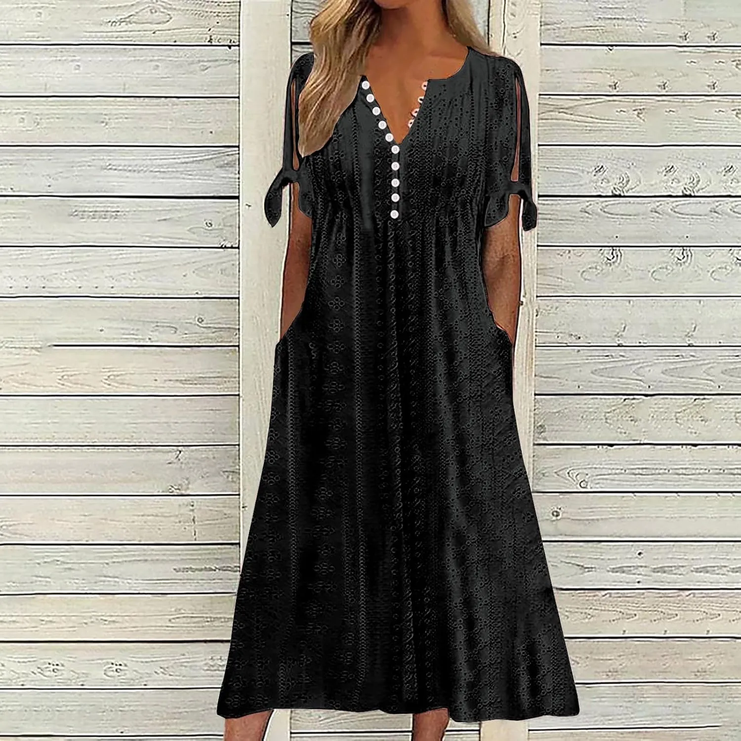 Casual Maxi Dresses for Women 2025 Summer Short Sleeve V Neck Hollow Out Eyelet Flowy Beach Vacation Boho Sundresses