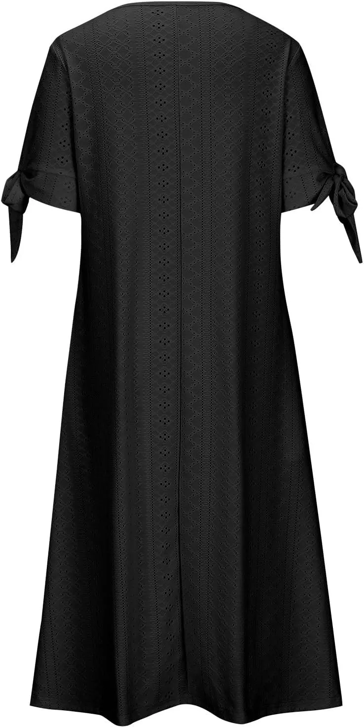 Casual Maxi Dresses for Women 2025 Summer Short Sleeve V Neck Hollow Out Eyelet Flowy Beach Vacation Boho Sundresses