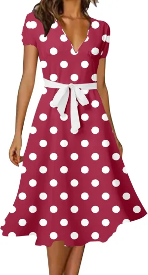 Casual Summer Dresses for Women Polka Dot Print V Neck Short Sleeve Ruffle Flowy Boho Floral Dress Midi Length