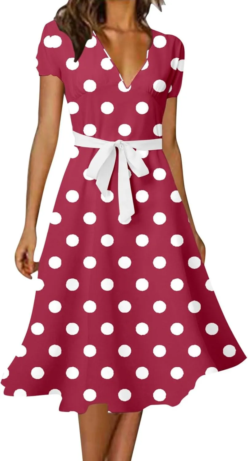 Casual Summer Dresses for Women Polka Dot Print V Neck Short Sleeve Ruffle Flowy Boho Floral Dress Midi Length