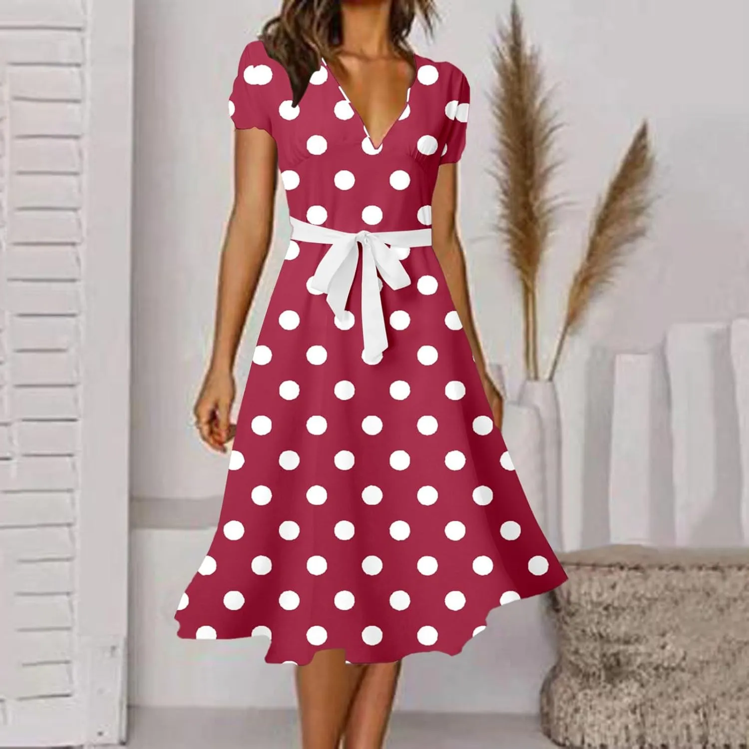 Casual Summer Dresses for Women Polka Dot Print V Neck Short Sleeve Ruffle Flowy Boho Floral Dress Midi Length