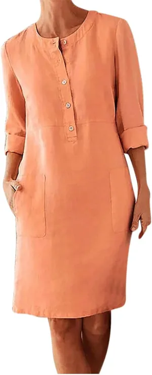 Ceboyel Women 2023 Button Linen Dresses Cotton Summer Midi Dresses Short Sleeve Casual Shirt Dress Ladies Teacher Clothing