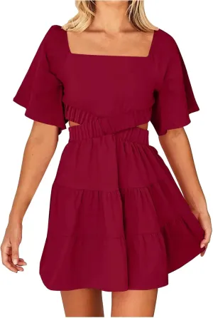 Ceboyel Women Square Neck Short Dress Cutout Tiered Summer Dresses Ruffle Casual Cute Mini Dress Vacation Outfits 2023