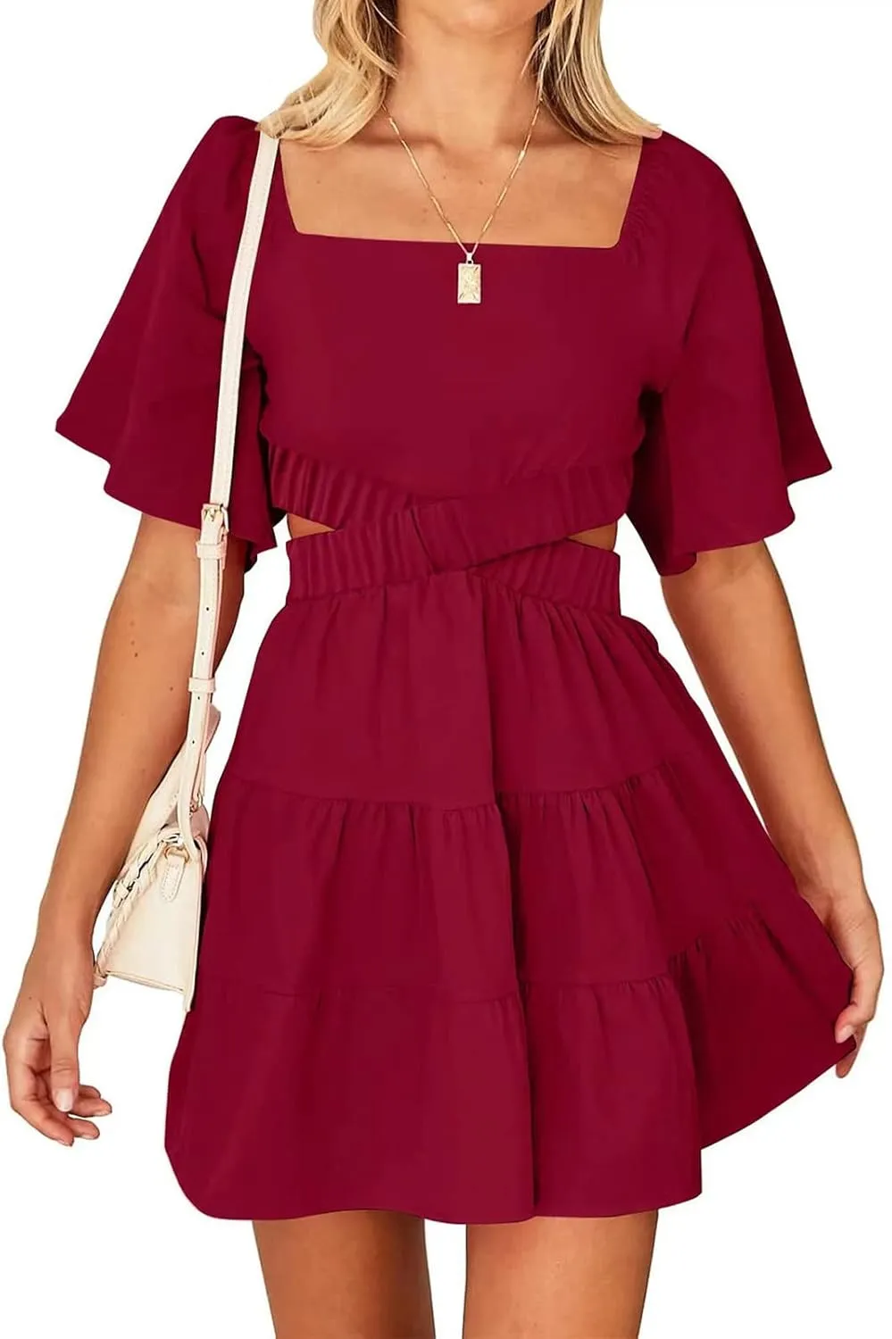 Ceboyel Women Square Neck Short Dress Cutout Tiered Summer Dresses Ruffle Casual Cute Mini Dress Vacation Outfits 2023