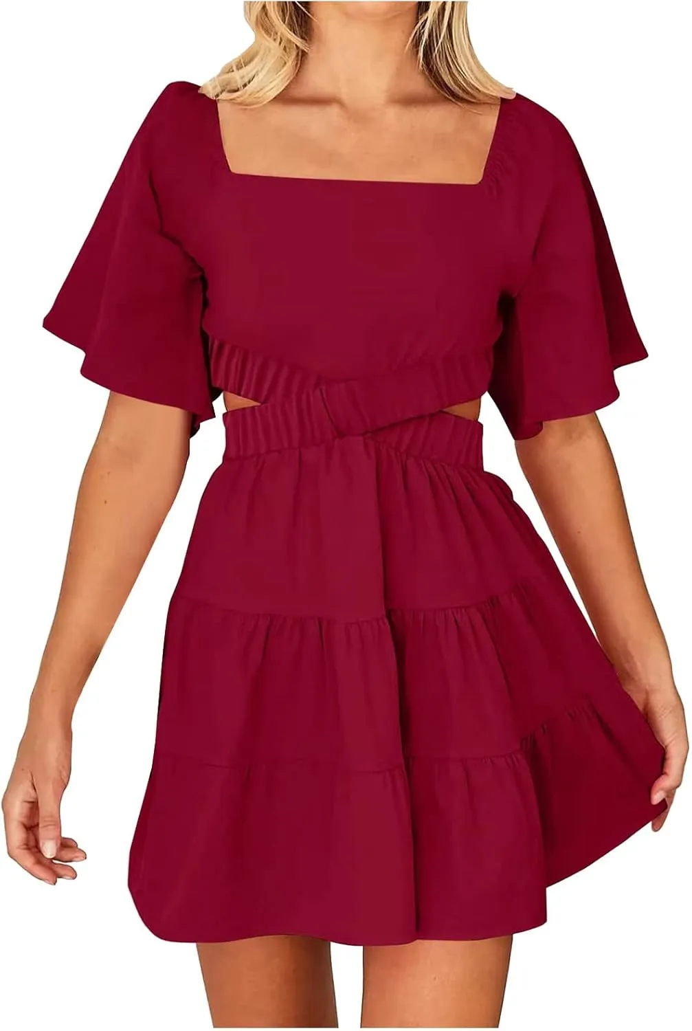 Ceboyel Women Square Neck Short Dress Cutout Tiered Summer Dresses Ruffle Casual Cute Mini Dress Vacation Outfits 2023