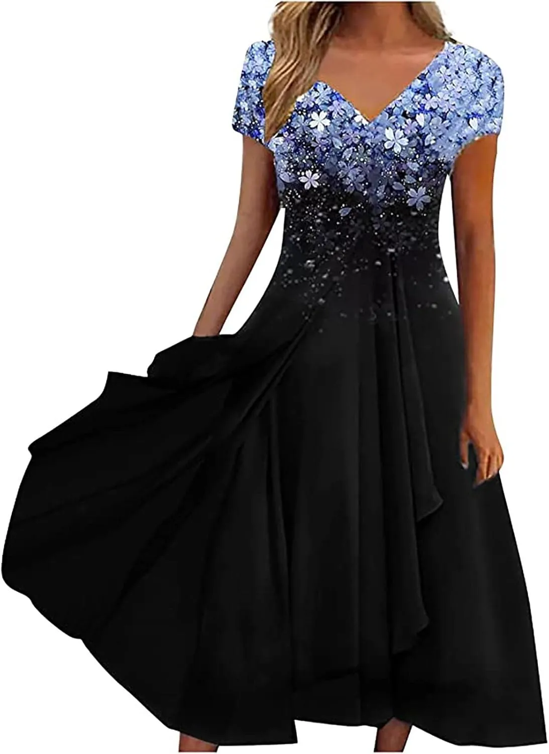 Ceboyel Women's Floral Flowy Sumemr Dress V Neck Short Sleeve Maxi Dresses Boho Casual Long Dress Trendy Beach Outfits 2023