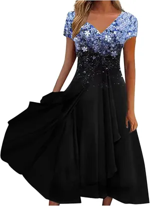 Ceboyel Women's Floral Flowy Sumemr Dress V Neck Short Sleeve Maxi Dresses Boho Casual Long Dress Trendy Beach Outfits 2023