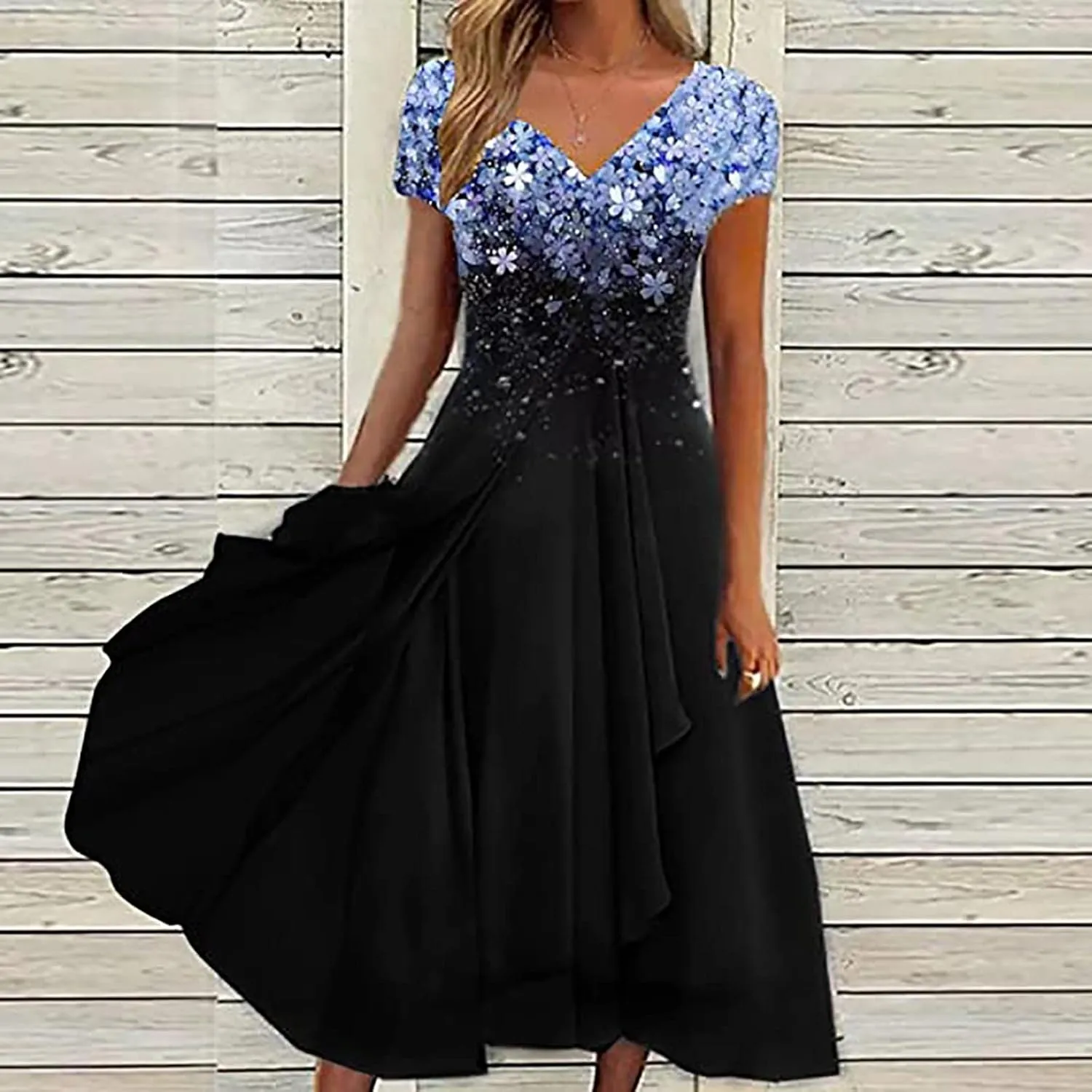 Ceboyel Women's Floral Flowy Sumemr Dress V Neck Short Sleeve Maxi Dresses Boho Casual Long Dress Trendy Beach Outfits 2023