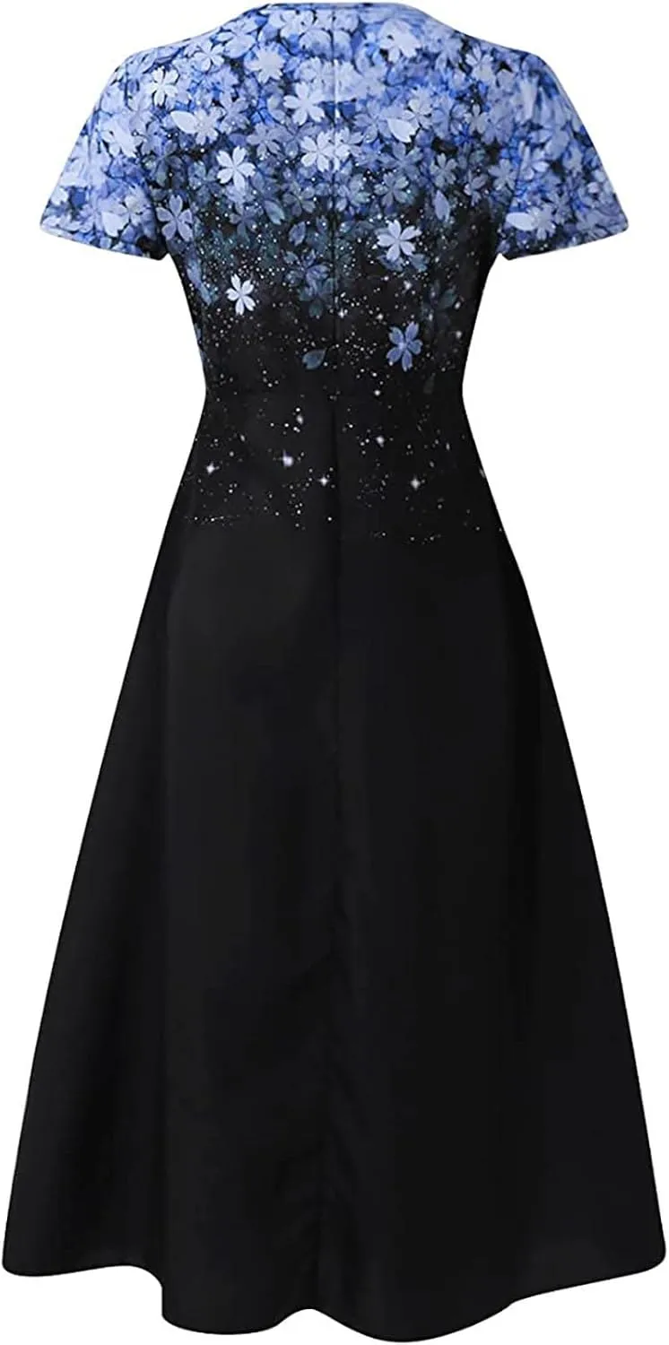 Ceboyel Women's Floral Flowy Sumemr Dress V Neck Short Sleeve Maxi Dresses Boho Casual Long Dress Trendy Beach Outfits 2023