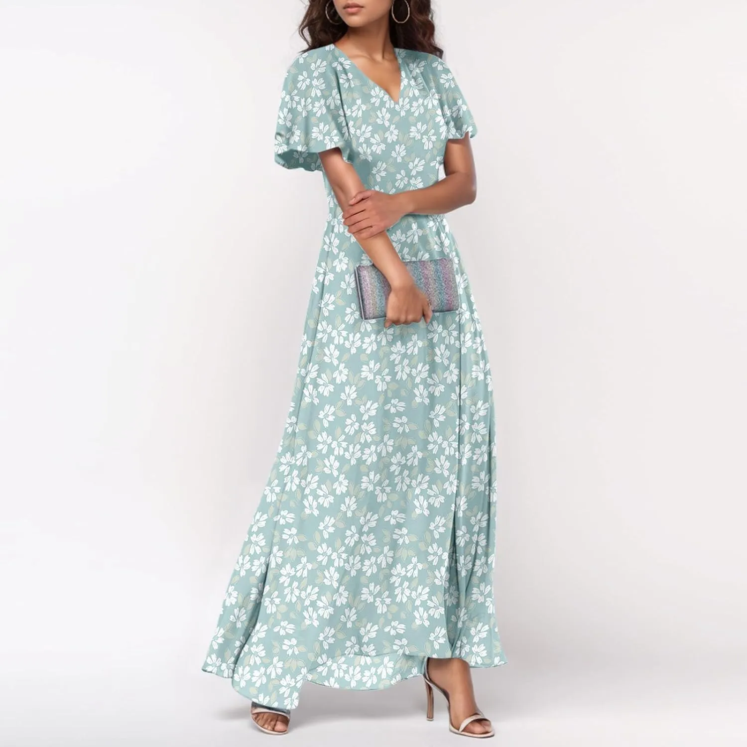 Chiffon Dress for Women Summer Bohemian Floral Printed Maxi Dresses Garden Party Swing Flowy Short Sleeve Dress