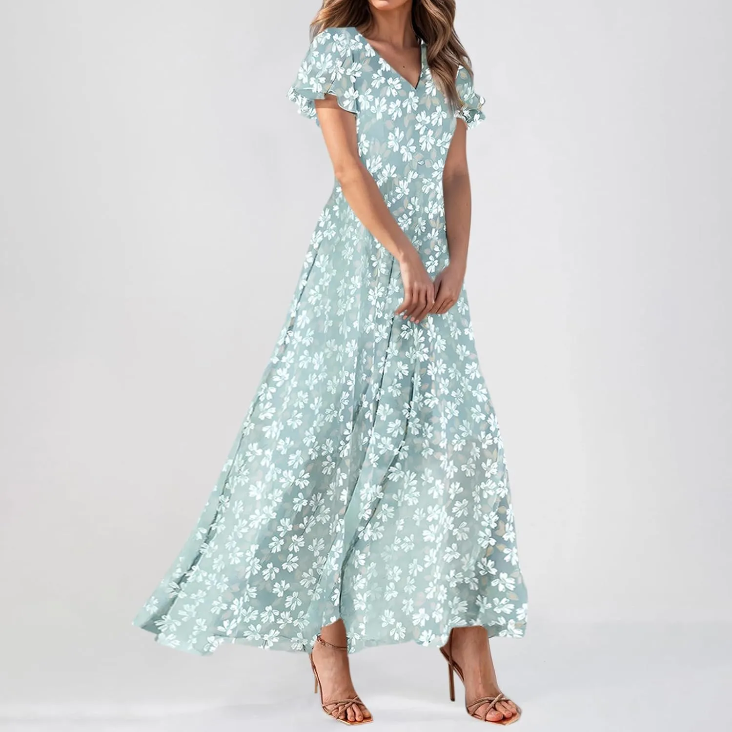 Chiffon Dress for Women Summer Bohemian Floral Printed Maxi Dresses Garden Party Swing Flowy Short Sleeve Dress