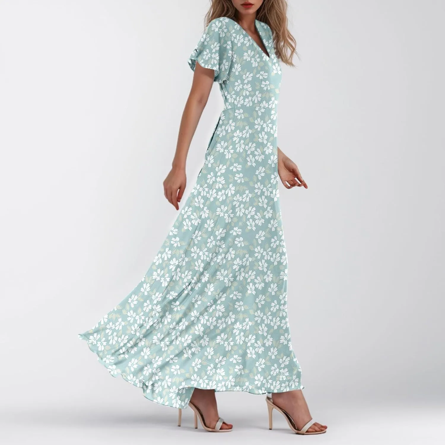 Chiffon Dress for Women Summer Bohemian Floral Printed Maxi Dresses Garden Party Swing Flowy Short Sleeve Dress