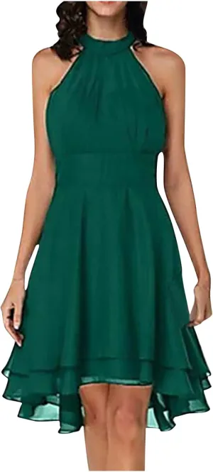 Chiffon Dresses for Women Sexy 2024 Double Layer Ruffle Halter a line Short Dress high Waist Sleeveless Mini Dress