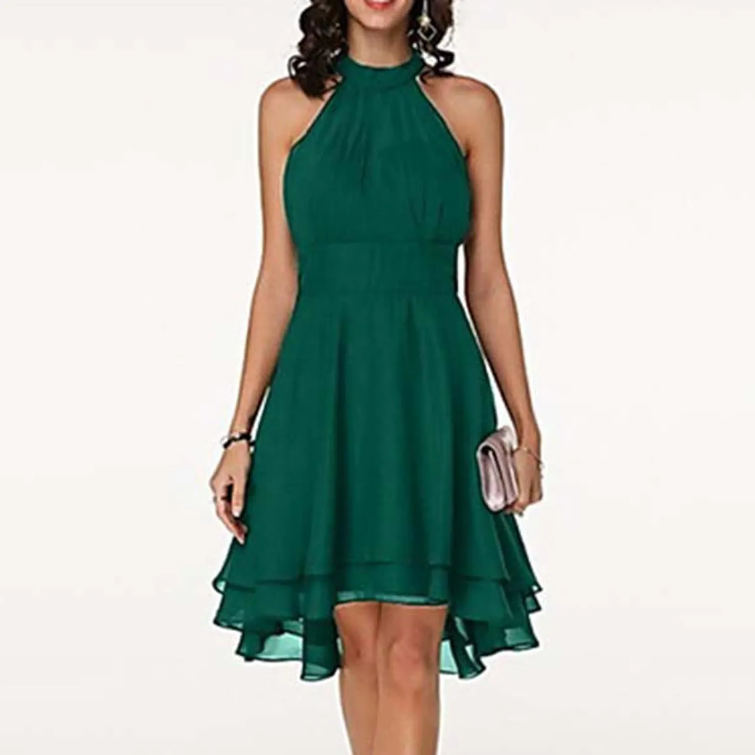 Chiffon Dresses for Women Sexy 2024 Double Layer Ruffle Halter a line Short Dress high Waist Sleeveless Mini Dress