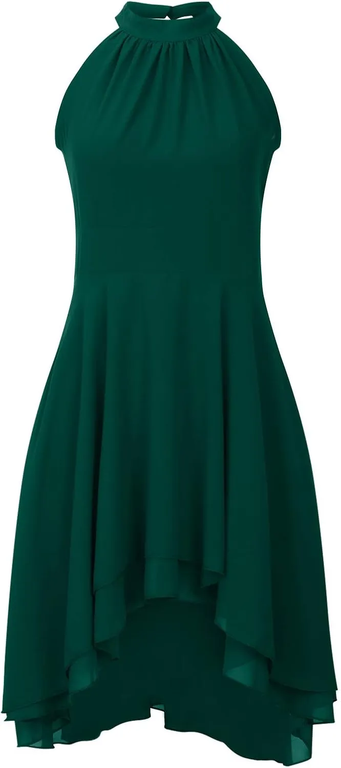 Chiffon Dresses for Women Sexy 2024 Double Layer Ruffle Halter a line Short Dress high Waist Sleeveless Mini Dress